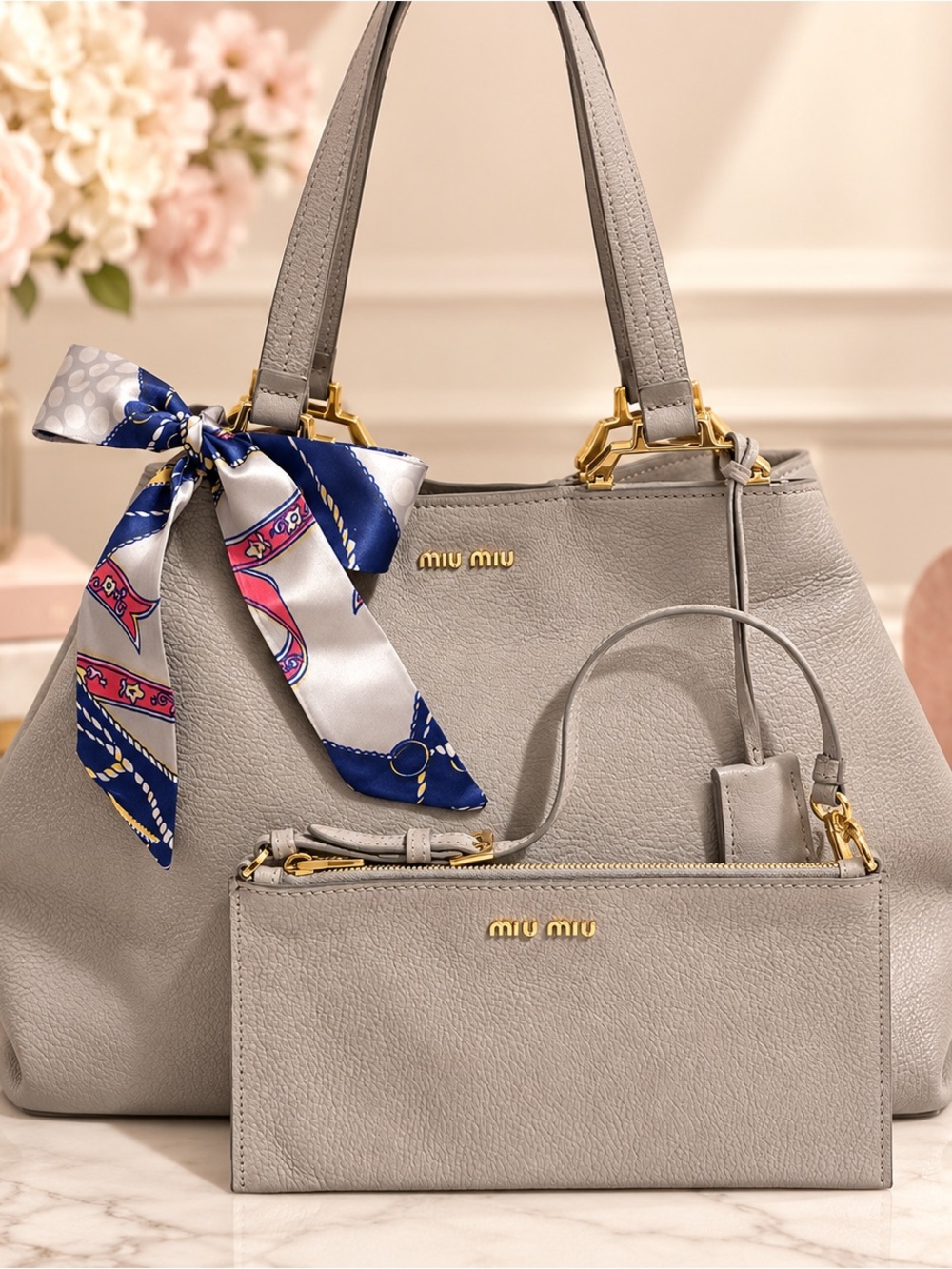 Miu Miu Gray Pebbled Leather Tote With Pouch & Card